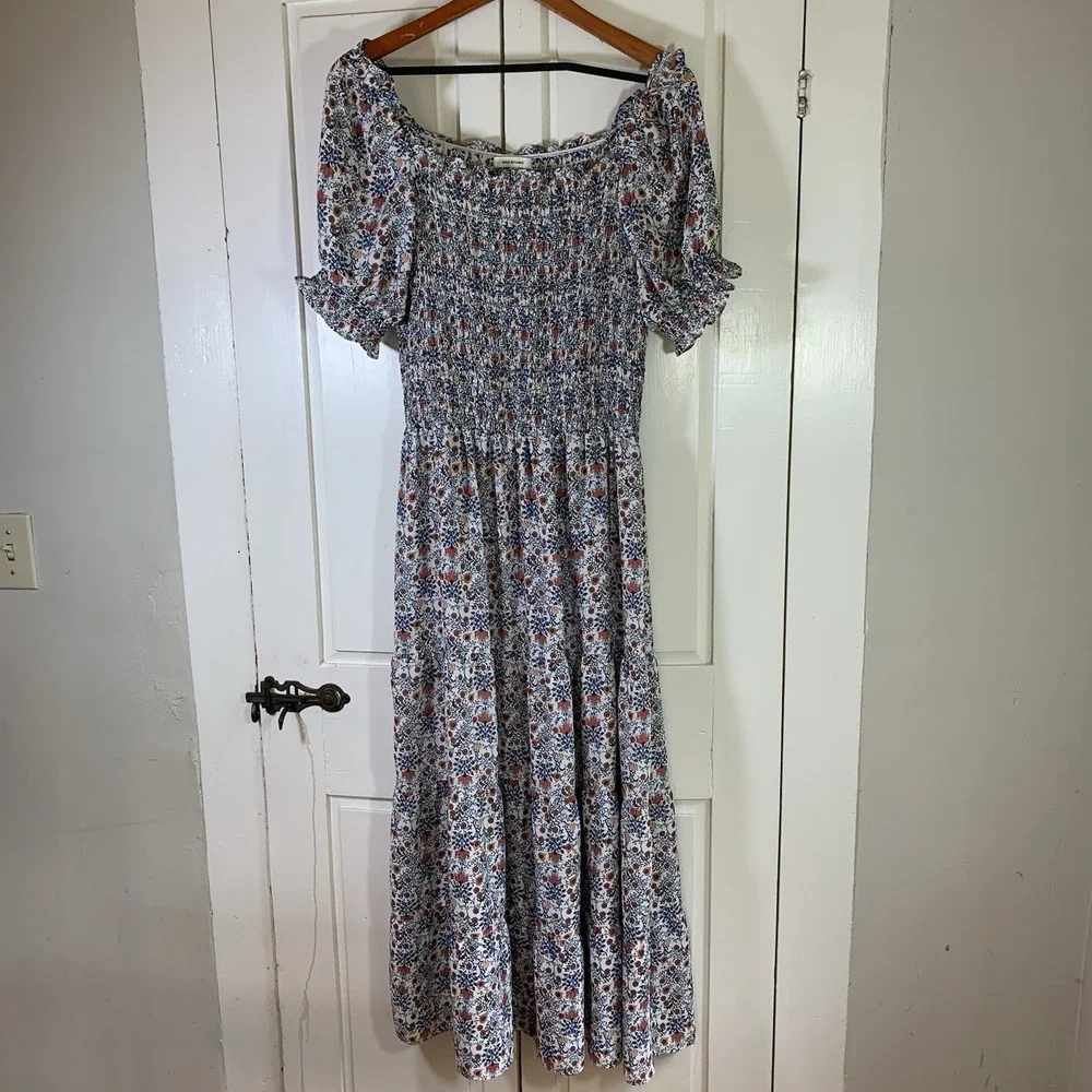 Max‎ Studio Prairie Dress Floral Puff Sleeve Square Neck Smocked A-Line Large